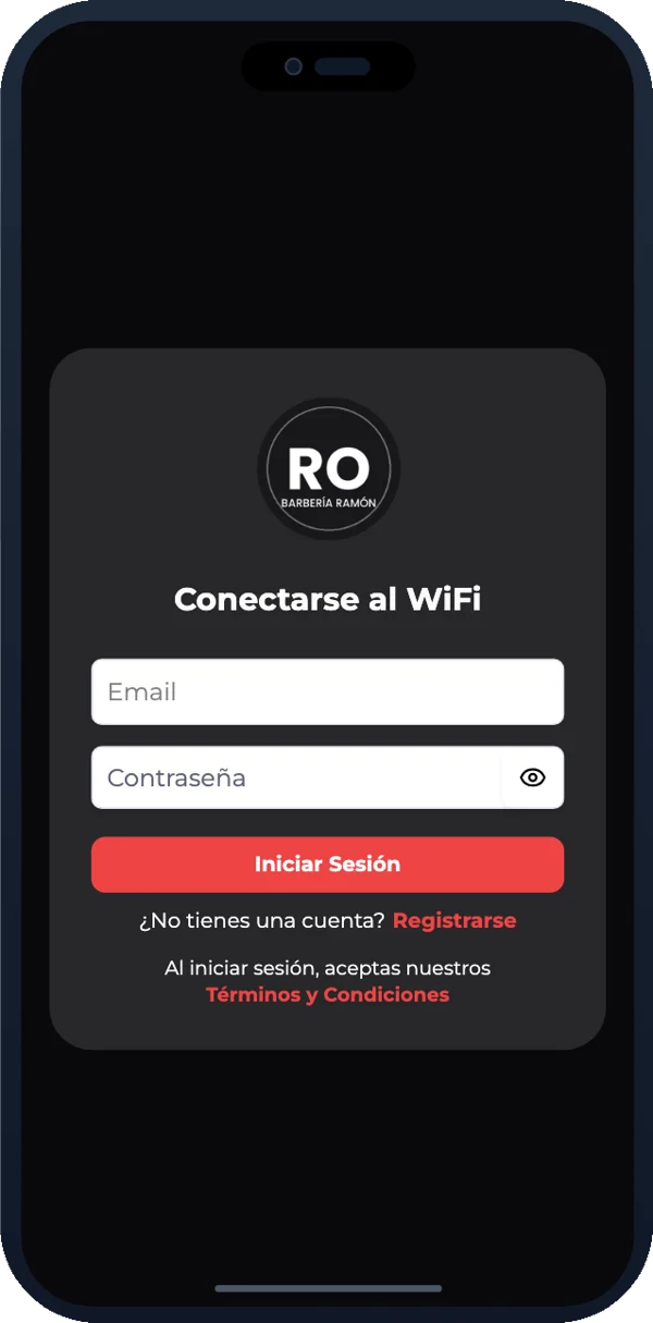 El portal WiFi de una barbería, en colores oscuros