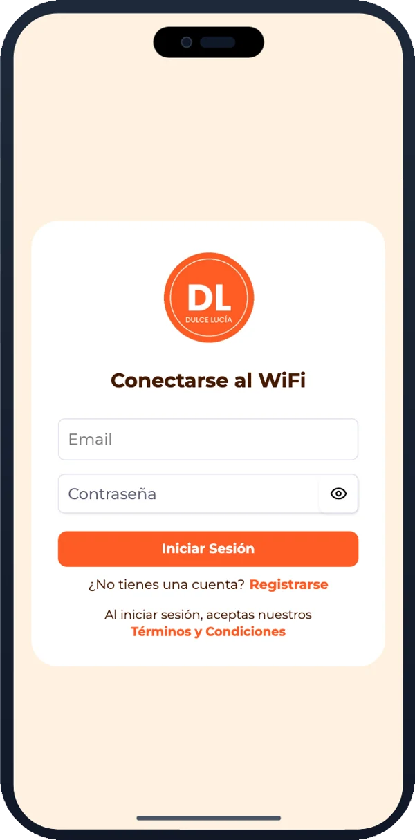 El portal WiFi de una pastelería, en crema y naranja